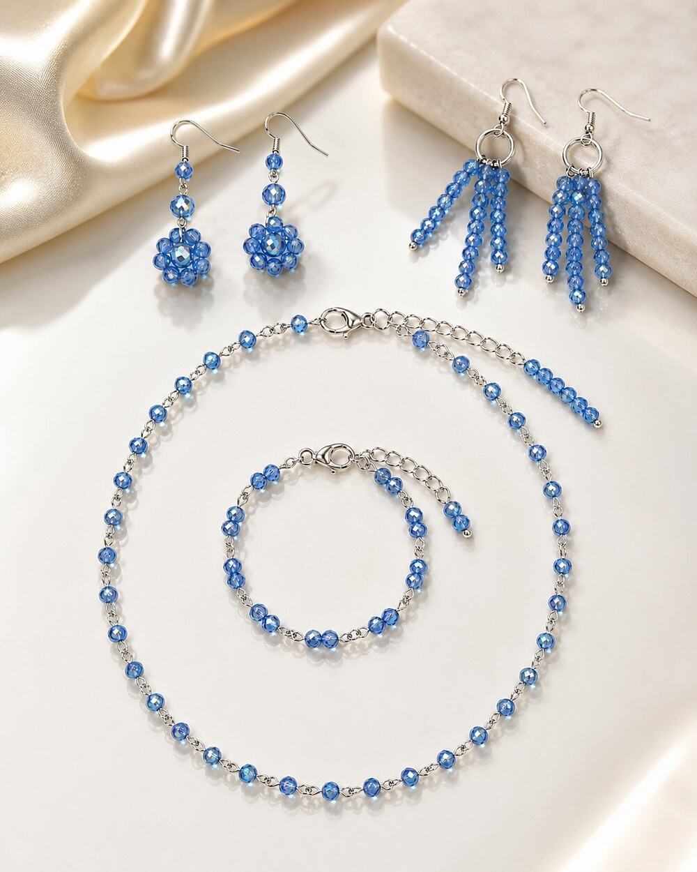 Blue Swarovski Beaded Necklace, Earrings & Bracelet Jewelry Set